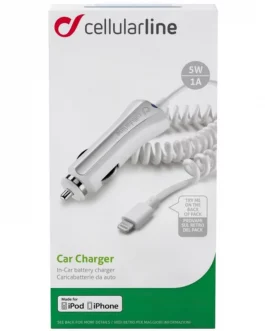 Cellularline – Lightning Caricabatterie Iphone 5W Bianco, Auto, Accendisigari, 1 metro , Bianco